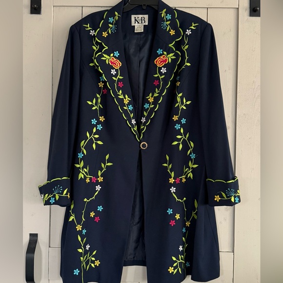 Jackets & Blazers - Vintage Embroidered Colorful Floral Navy Coat - Womens Jacket